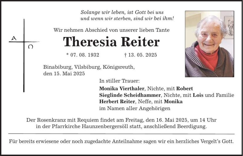 Traueranzeige Theresia Reiter