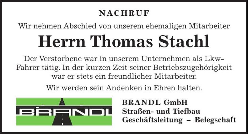 Traueranzeige Thomas Stachl