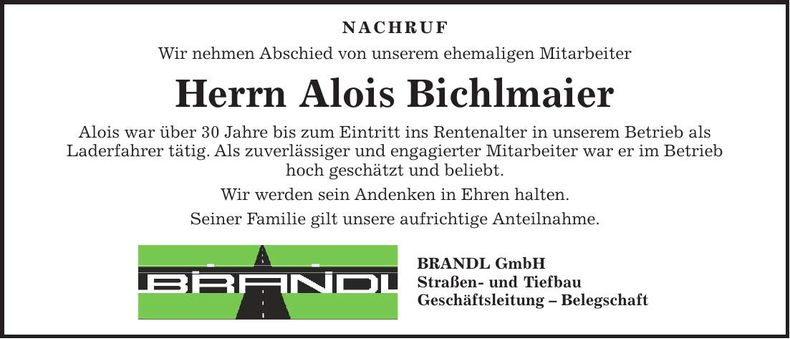 Traueranzeige Alois Bichlmaier