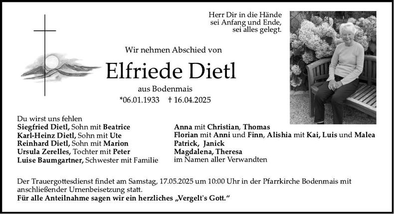 Traueranzeige Elfriede Dietl