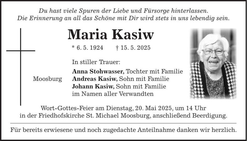 Traueranzeige Maria Kasiw