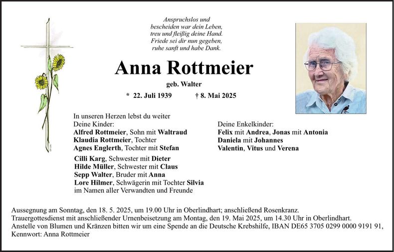 Traueranzeige Anna Rottmeier