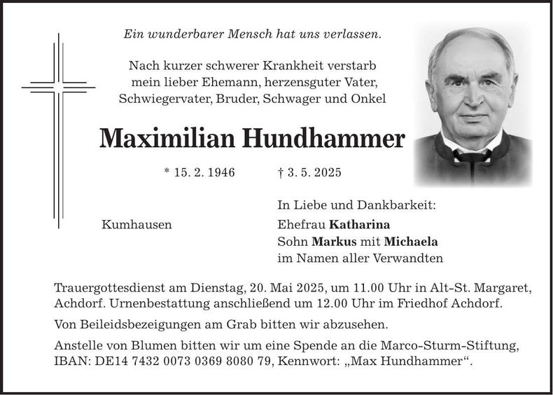 Traueranzeige Maximilian Hundhammer