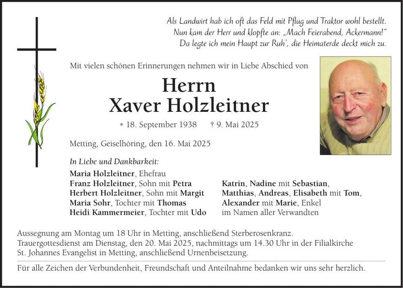 Traueranzeige Xaver Holzleitner