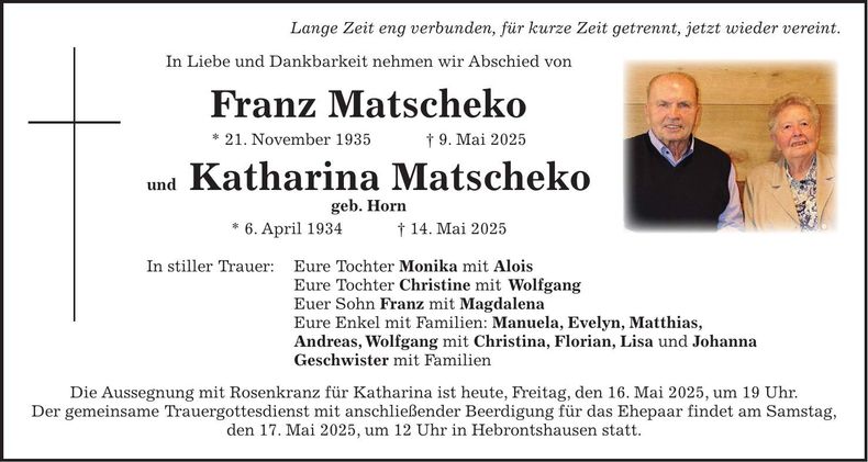 Traueranzeige Franz und Katharina Matscheko