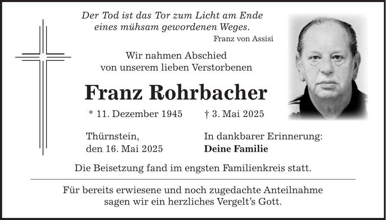 Traueranzeige Franz Rohrbacher
