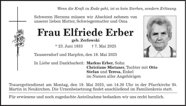 Traueranzeige Elfriede Erber