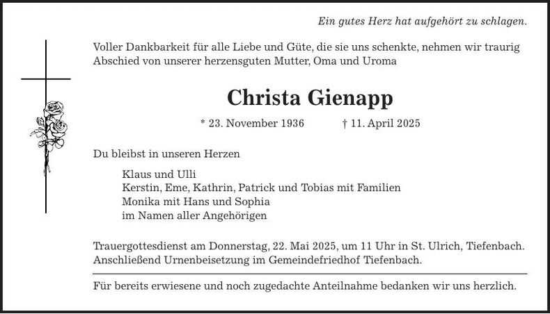 Traueranzeige Christa Gienapp