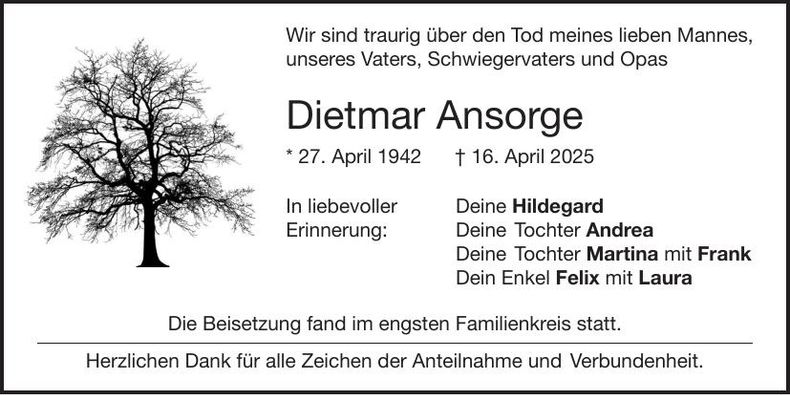 Traueranzeige Dietmar Ansorge