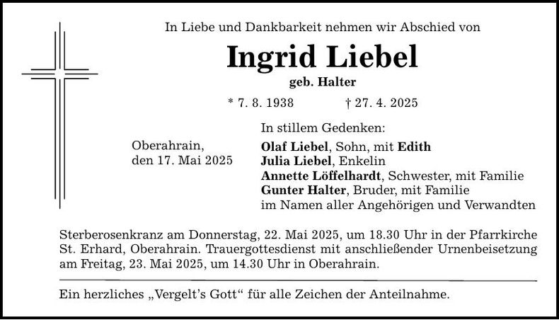 Traueranzeige Ingrid Liebel
