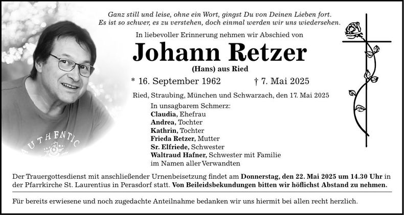 Traueranzeige Johann Retzer