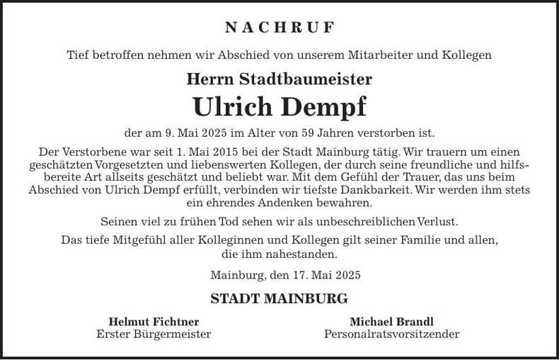 Traueranzeige Ulrich Dempf