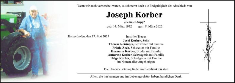 Traueranzeige Joseph Korber