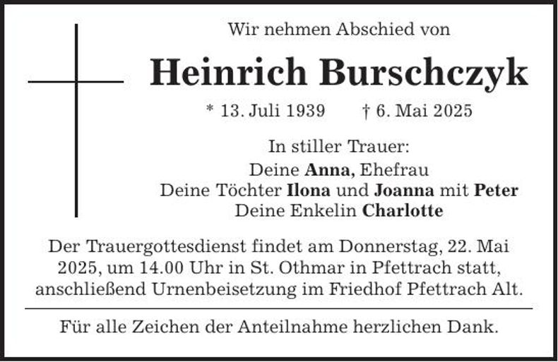 Traueranzeige Heinrich Burschczyk