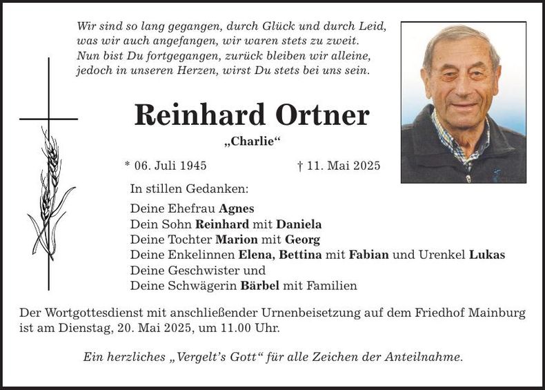 Traueranzeige Charlie Ortner