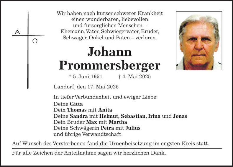 Traueranzeige Johann Prommersberger