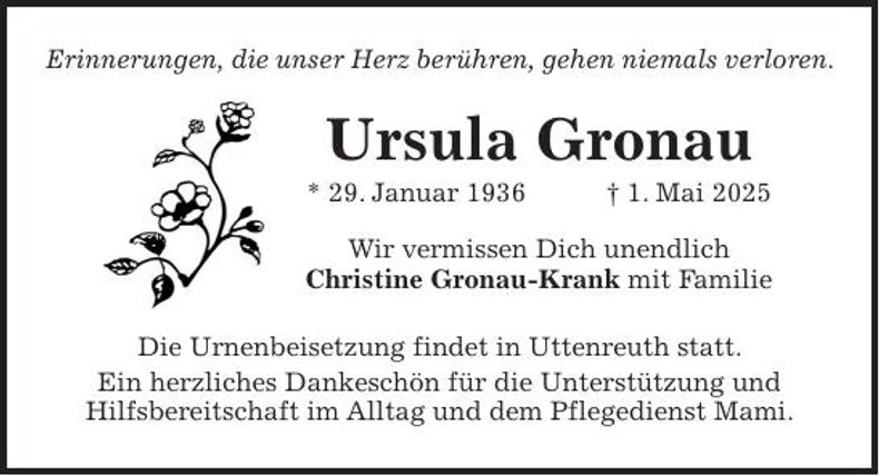Traueranzeige Ursula Gronau