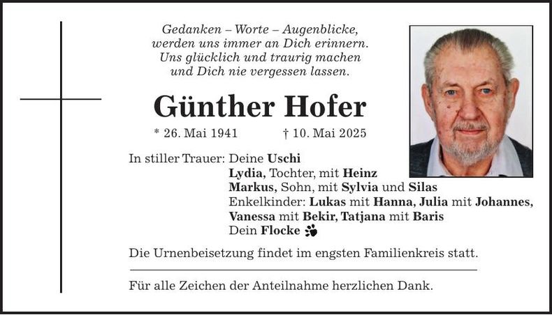 Traueranzeige Günter Hofer