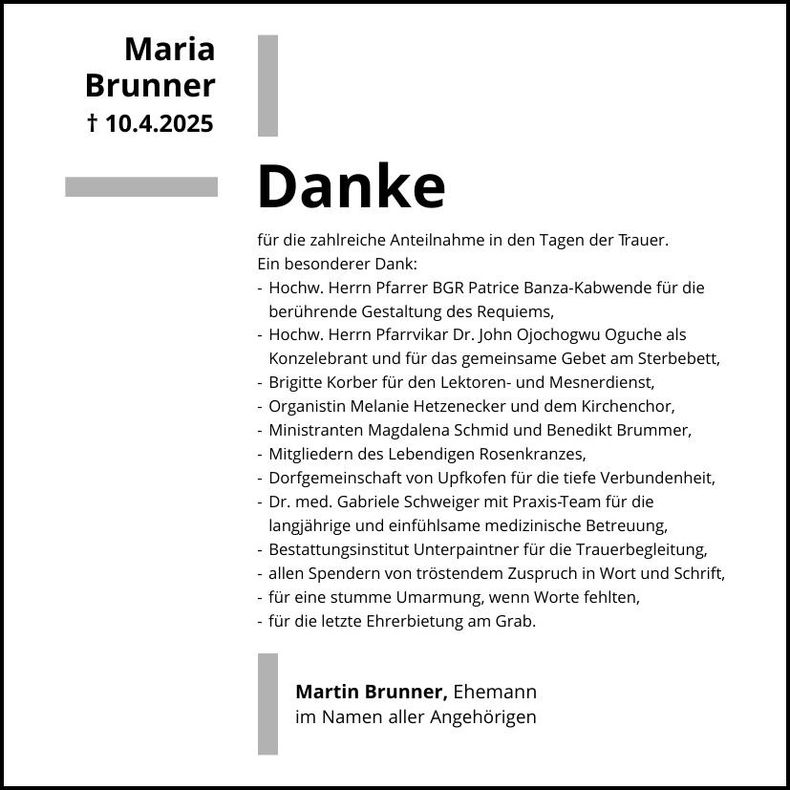 Traueranzeige Maria Brunner