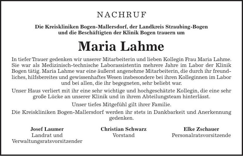 Traueranzeige Maria Lahme