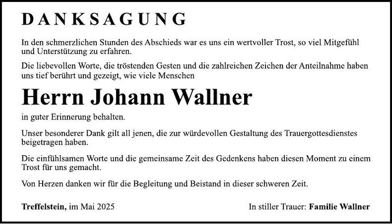 Traueranzeige Johann Wallner