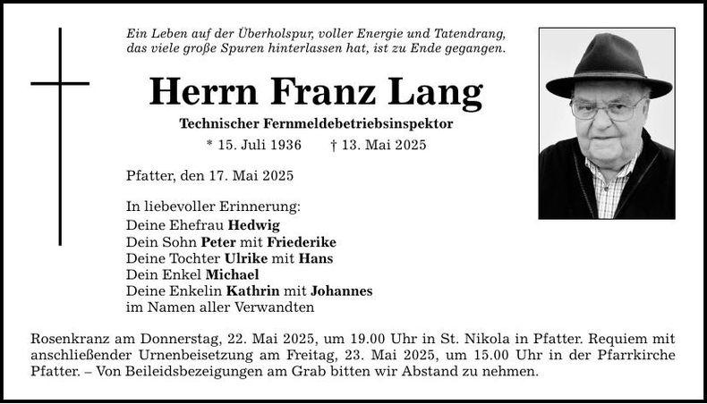 Traueranzeige Franz Lang