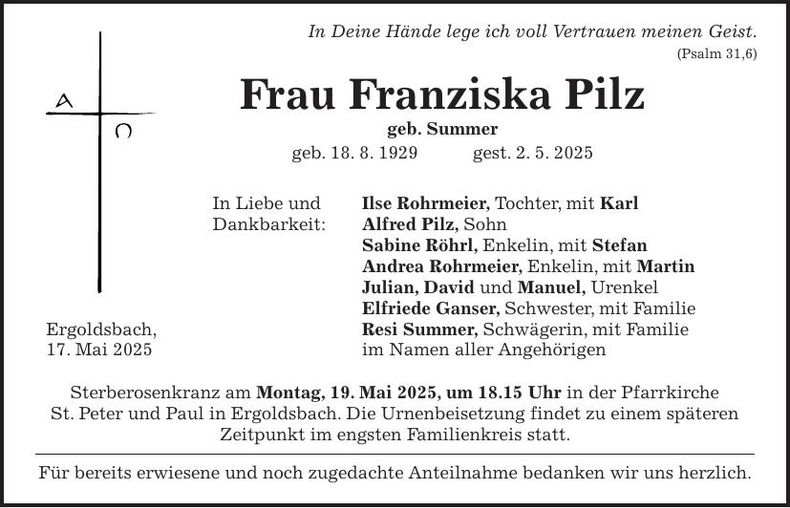 Traueranzeige Franziska Pilz