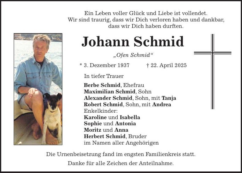 Traueranzeige Johann Schmid