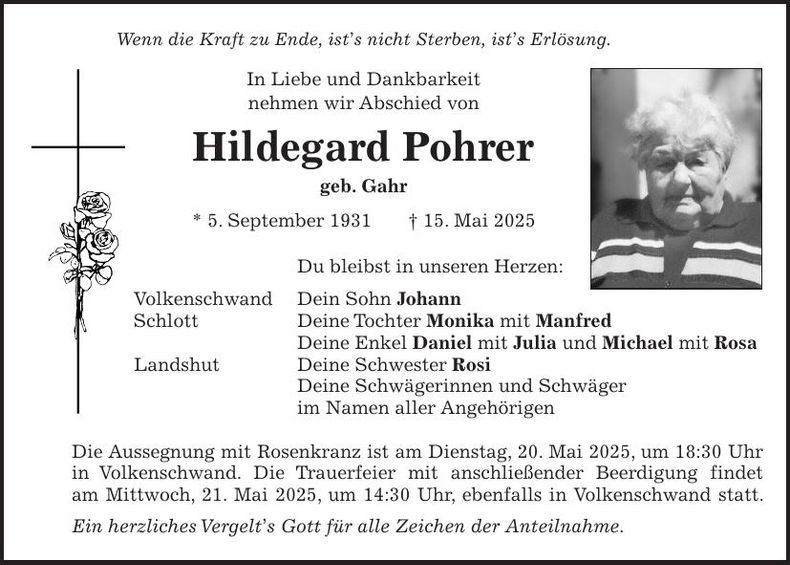 Traueranzeige Hildegard Pohrer