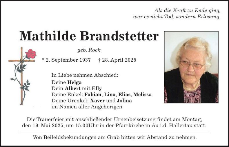 Traueranzeige Mathilde Brandstetter