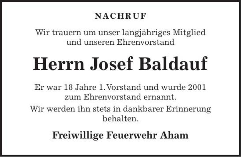 Traueranzeige Josef Baldauf