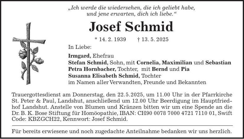 Traueranzeige Josef Schmid