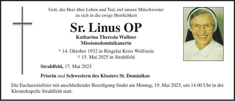 Traueranzeige Sr. Linus OP