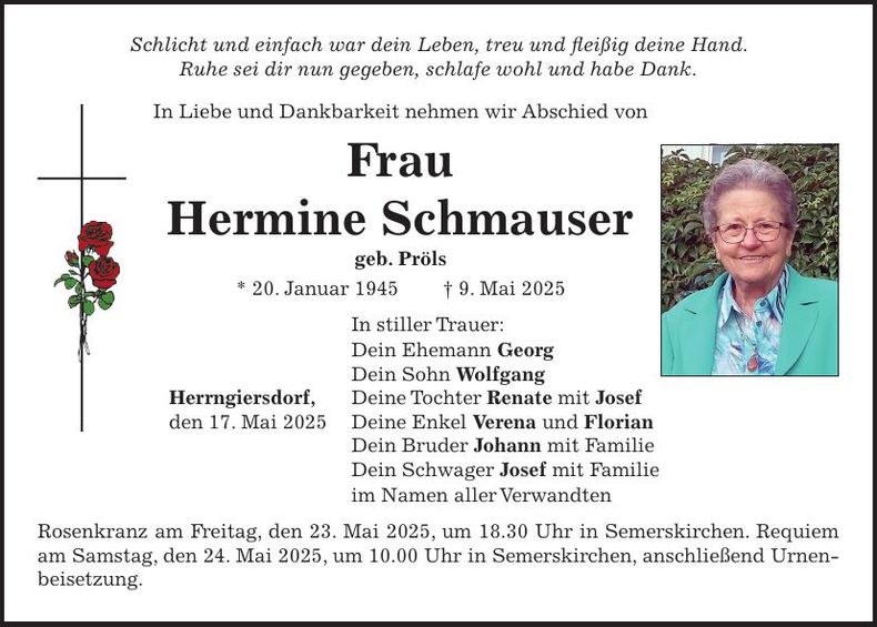 Traueranzeige Hermine Schmauser