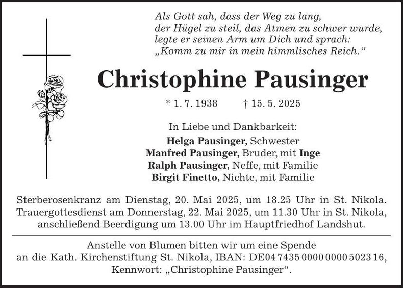 Traueranzeige Christophine Pausinger