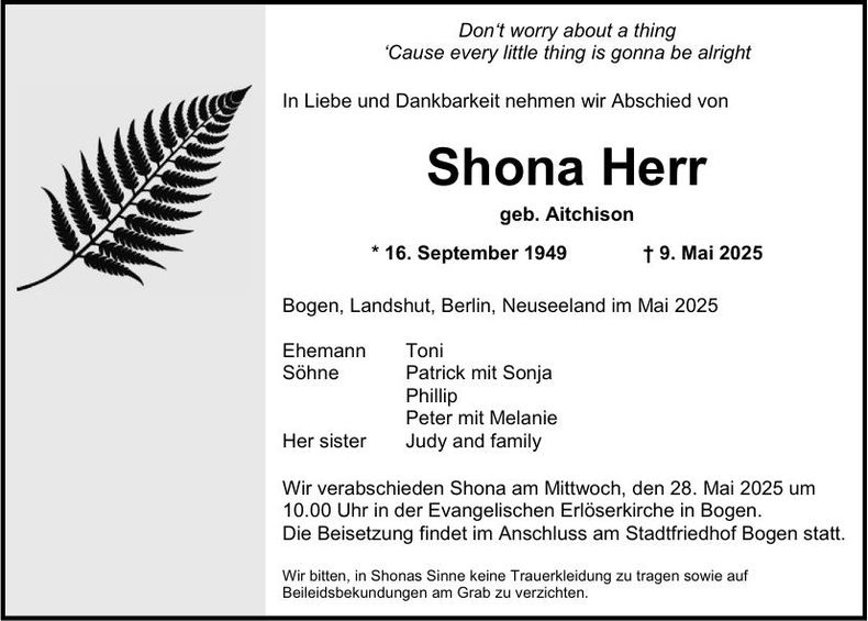 Traueranzeige Shona Herr