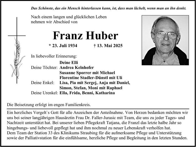 Traueranzeige Franz Huber