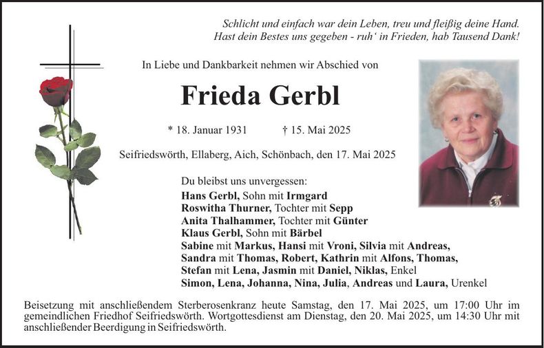 Traueranzeige Frieda Gerbl