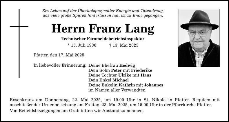Traueranzeige Franz Lang