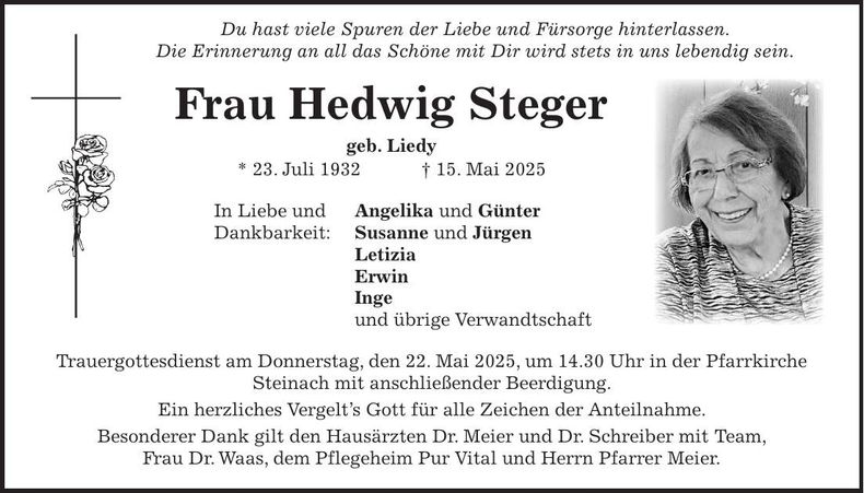 Traueranzeige Hedwig Steger