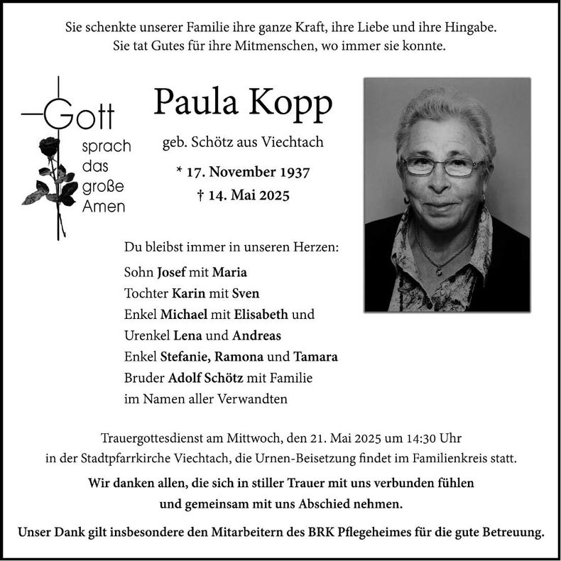 Traueranzeige Paula Kopp