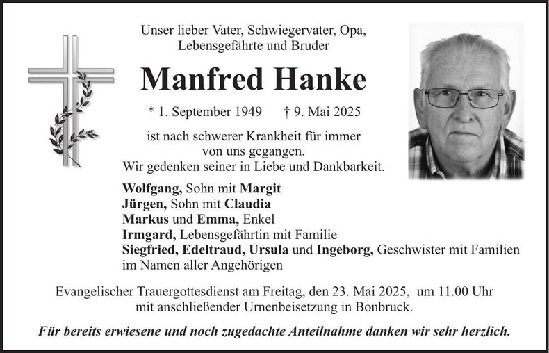 Traueranzeige Manfred Hanke