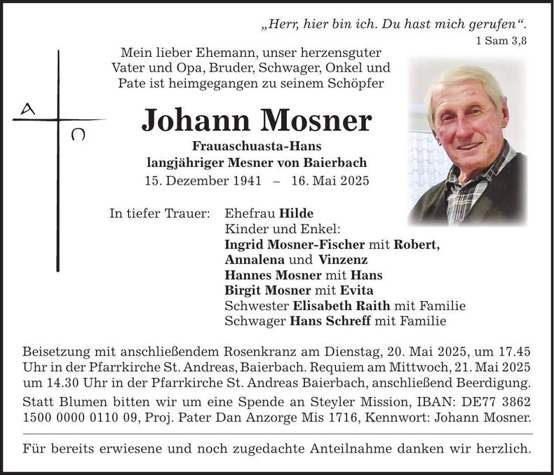 Traueranzeige Johann Mosner