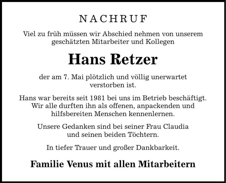 Traueranzeige Hans Retzer