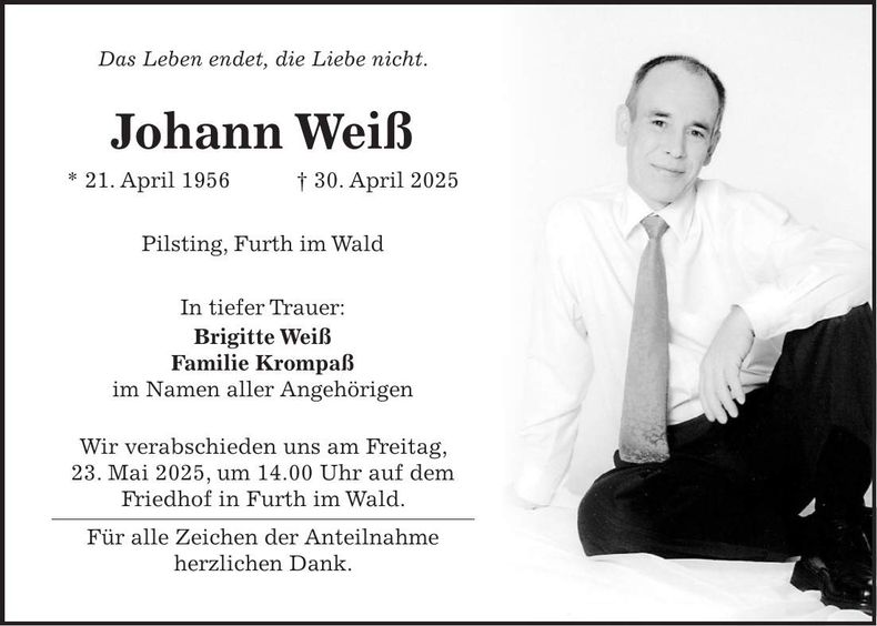 Traueranzeige Johann Weiß