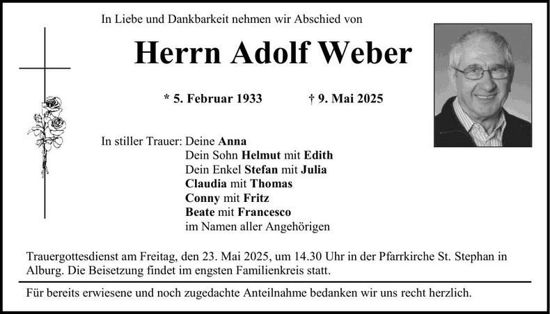 Traueranzeige Adolf Weber