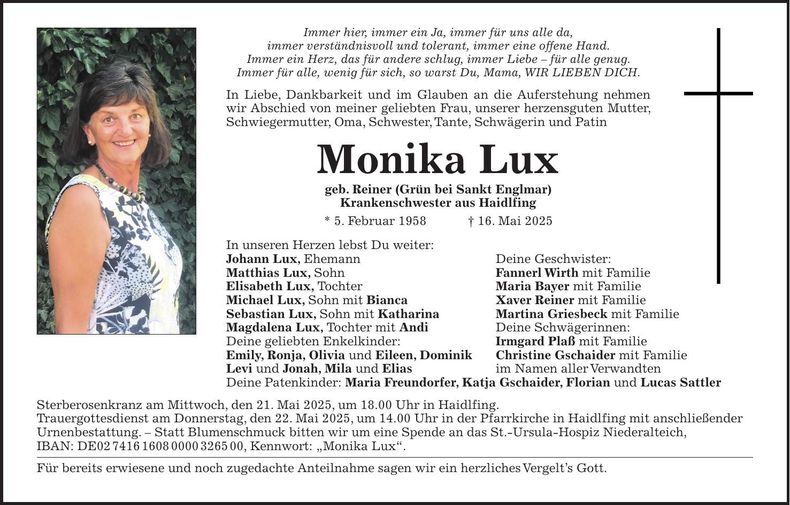 Traueranzeige Monika Lux