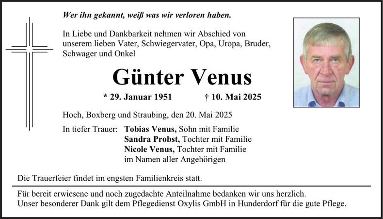 Traueranzeige Günter Venus