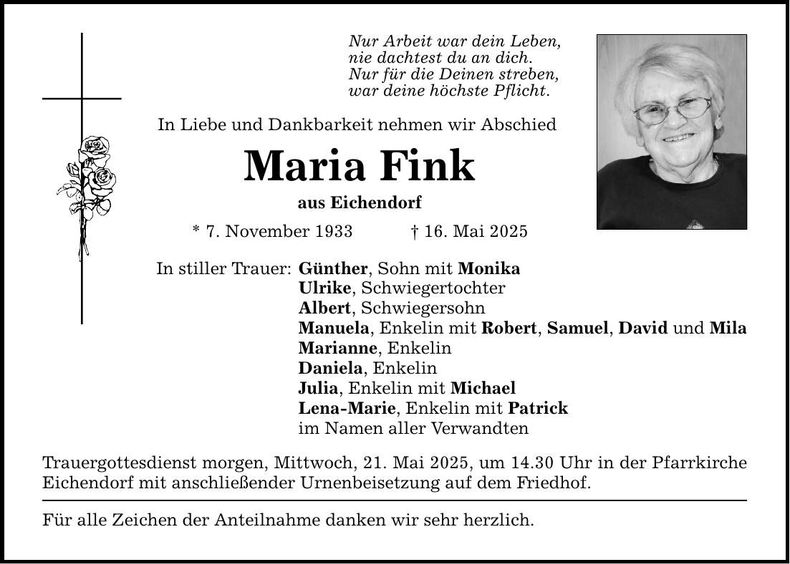 Traueranzeige Maria Fink