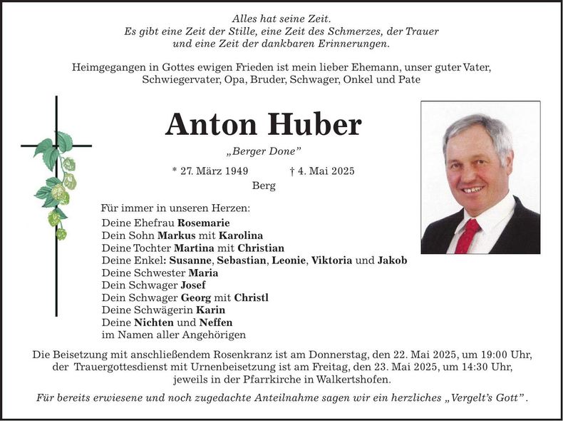Traueranzeige Anton Huber